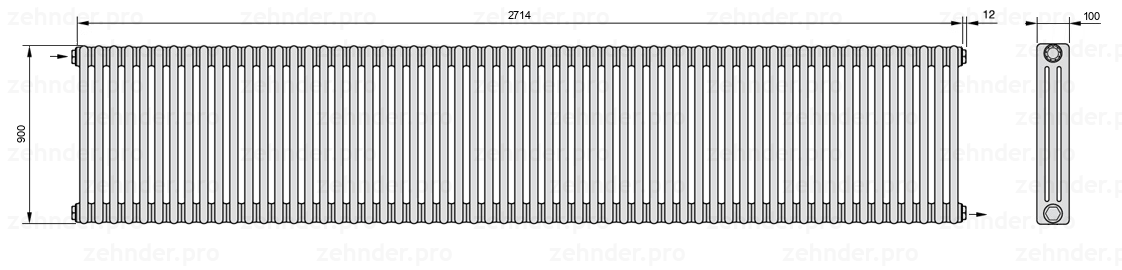 Схема (чертеж) Радиатор Zehnder Charleston 3090/59 №1670 Белый глянцевый RAL 9016